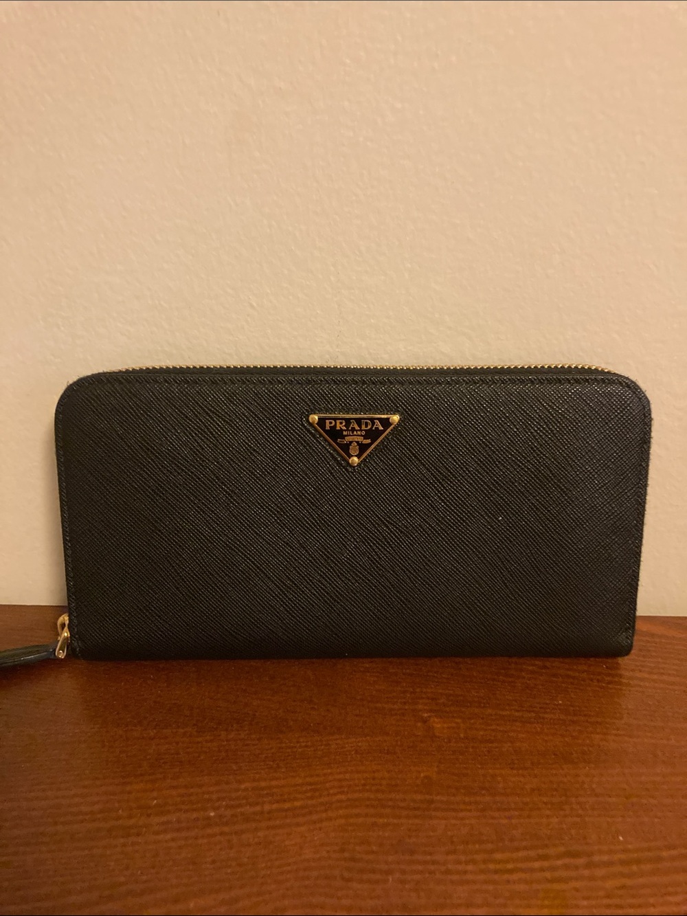 Prada Black Saffiano Zip Wallet with Gold-Tone Logo